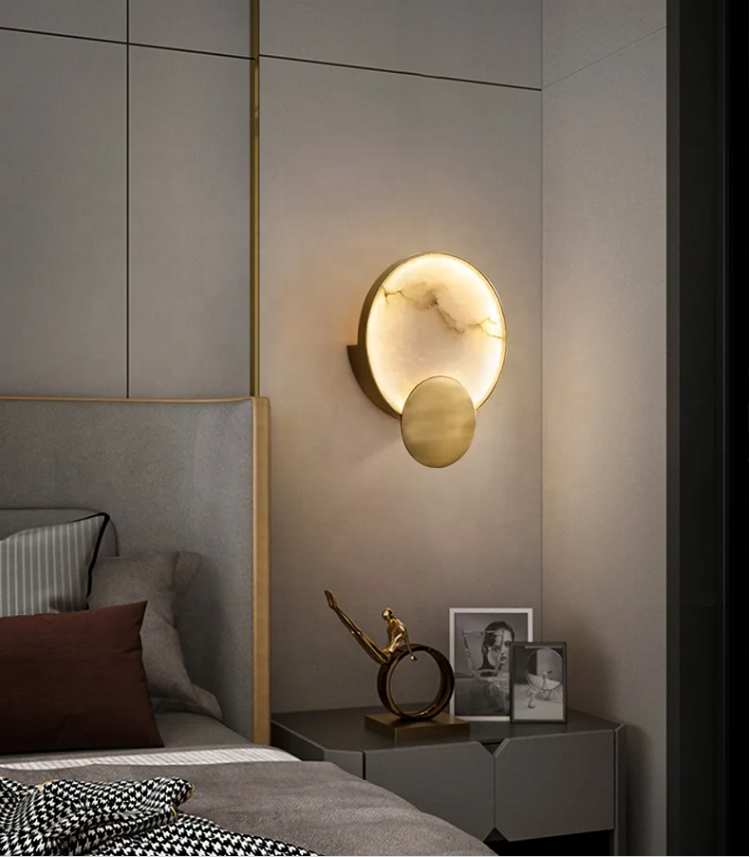 Modern Natural Round Marble LED Wall Lamp Gold Metal Atmosphere Lighting Fixtures For Bedroom Bedside Night light