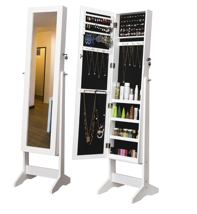 Free standing full length modern wooden narrow frame mirrored jewelry cabinet with simple design for wholesale