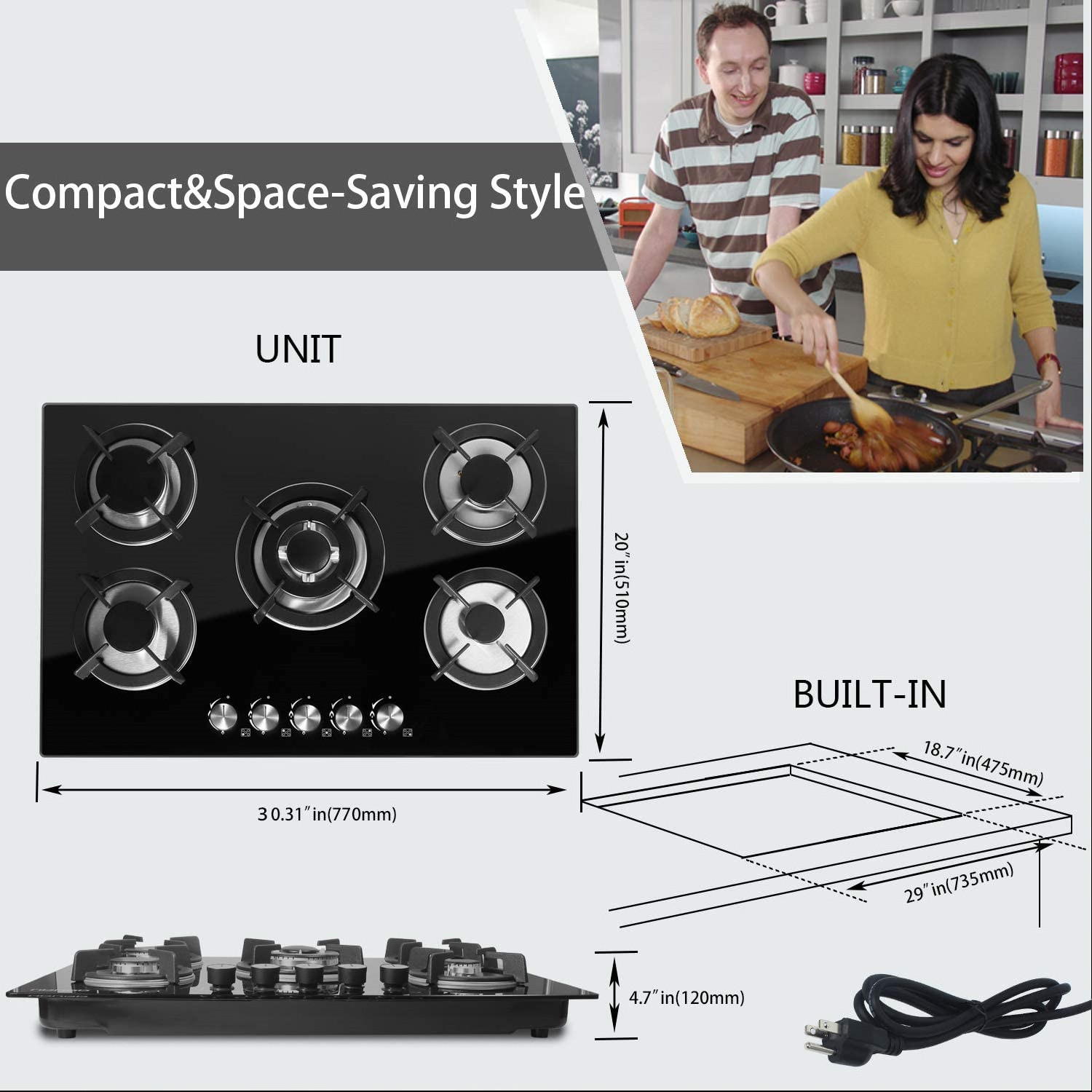 5 Burners Built-in Gas Stove Dual Fuel Sealed Gas Hob with Wok Stand and Pressure Regulator Gas cooker