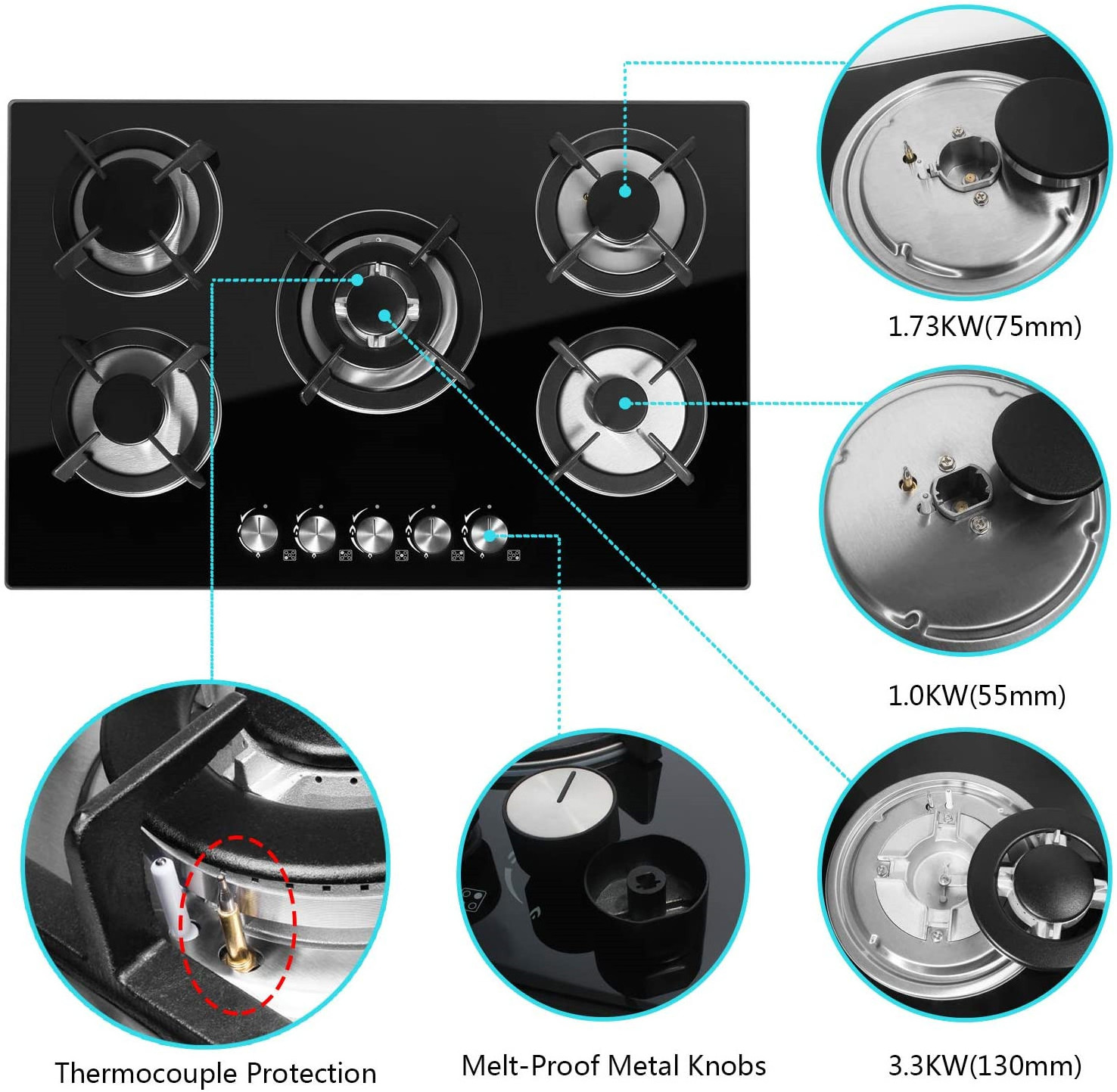 5 Burners Built-in Gas Stove Dual Fuel Sealed Gas Hob with Wok Stand and Pressure Regulator Gas cooker