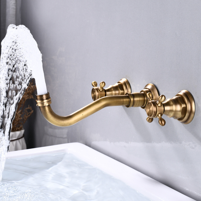 Antique Brass 3 Holes 2 Cross Knobs Brass Lavatory Basin Mixer Tap Mixing Spout bathroom sink faucet wall mount