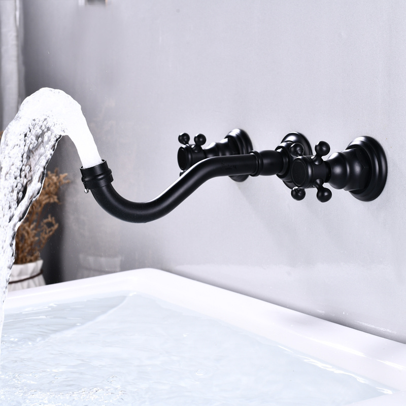 Antique Brass 3 Holes 2 Cross Knobs Brass Lavatory Basin Mixer Tap Mixing Spout bathroom sink faucet wall mount