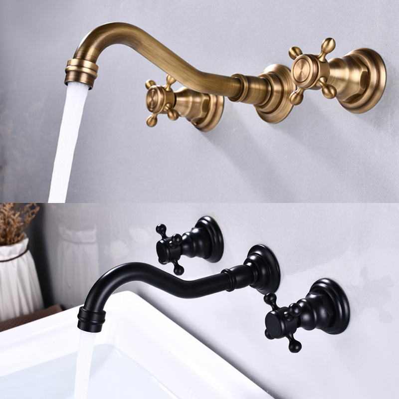 Antique Brass 3 Holes 2 Cross Knobs Brass Lavatory Basin Mixer Tap Mixing Spout bathroom sink faucet wall mount