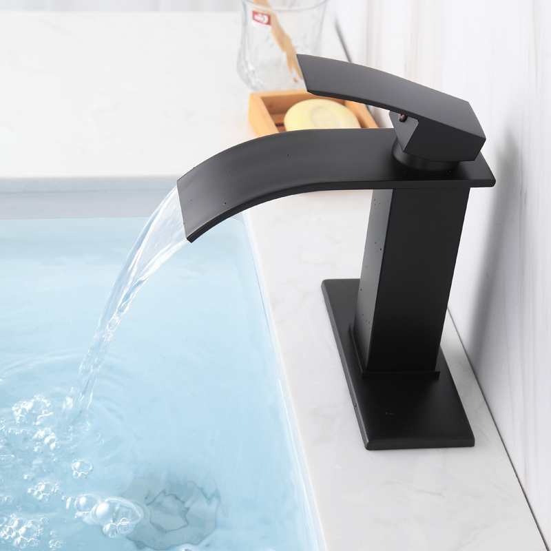 Waterfall bathroom wash basin sink faucet black single handle brass hot and cold basin wash faucet with base