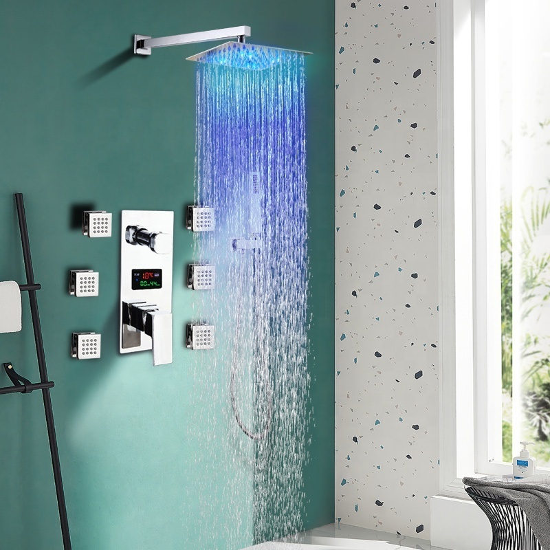 shower set in wall mounted Bathroom taps luxury brass kits rain rainfall showerset mixer faucet set led shower lights