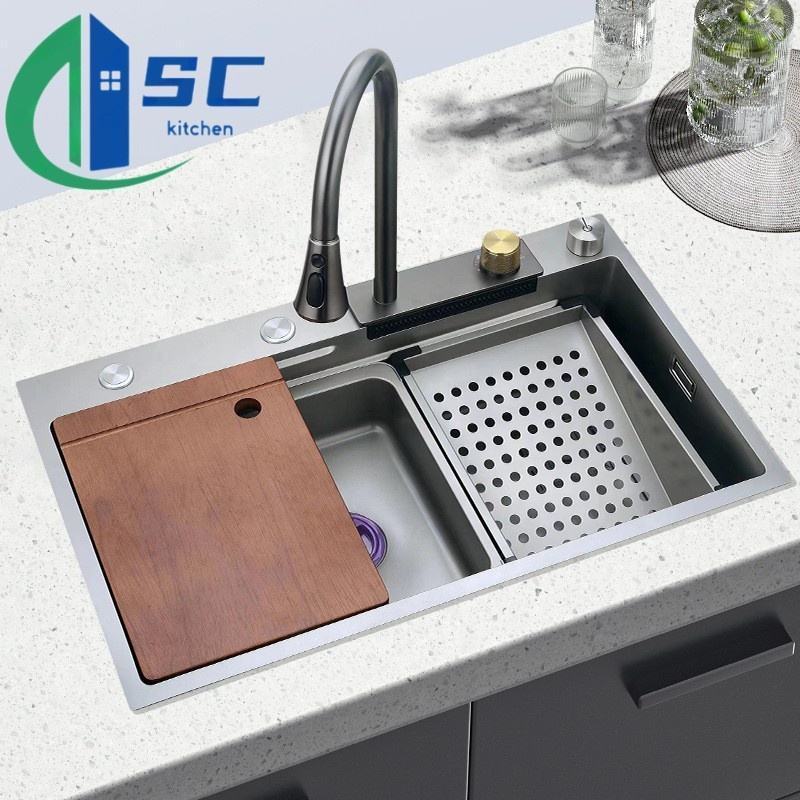 Kitchen Sink Black Stainless Steel Sink Washing Stainless Steel Flying Rain Waterfall Sink