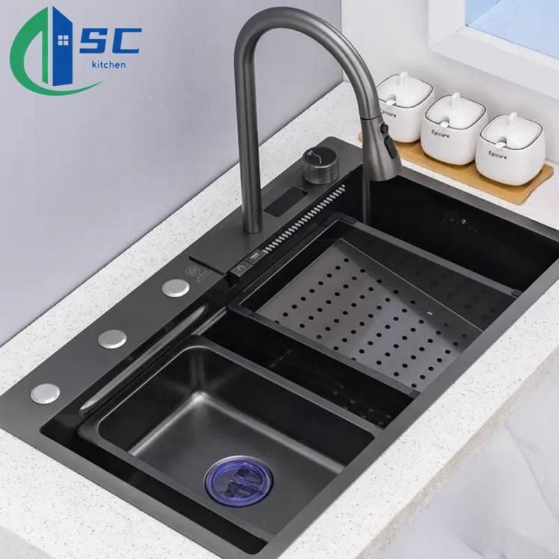 Black and Gray High End Sink Two Bowls Kitchen Sinks 304 Stainless Steel Modern kitchen sink stainless steel price 3 years