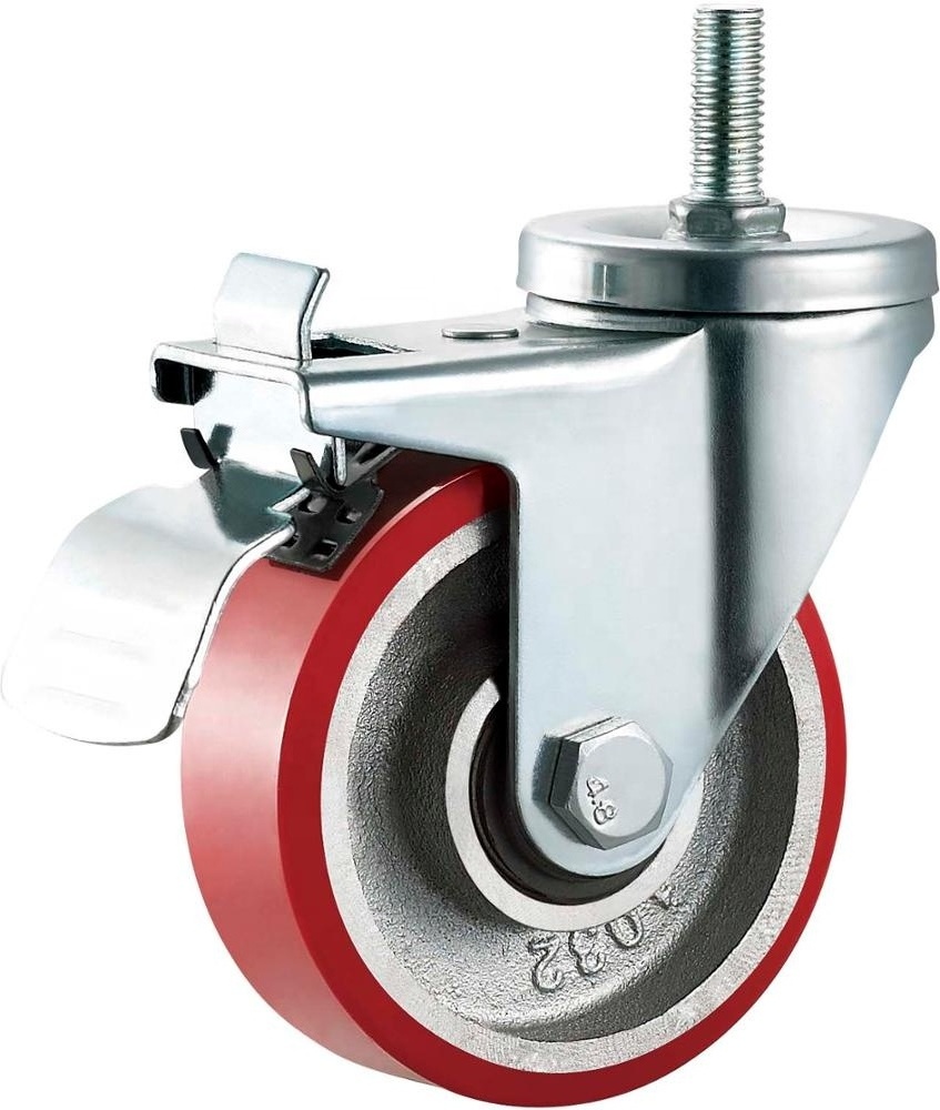 Small 75x32 Caster Wheel Swivel Trolley Wheel with Brake Tread Cast Iron PU Core 3 Inch Double Roller Bearing Plate Casters OEM