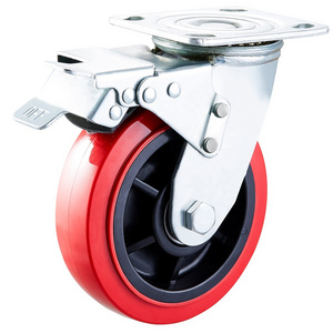 Heavy duty caster wheel 8inch 200mm PU castor with double brake swivel Poly core Red PU wheel factory