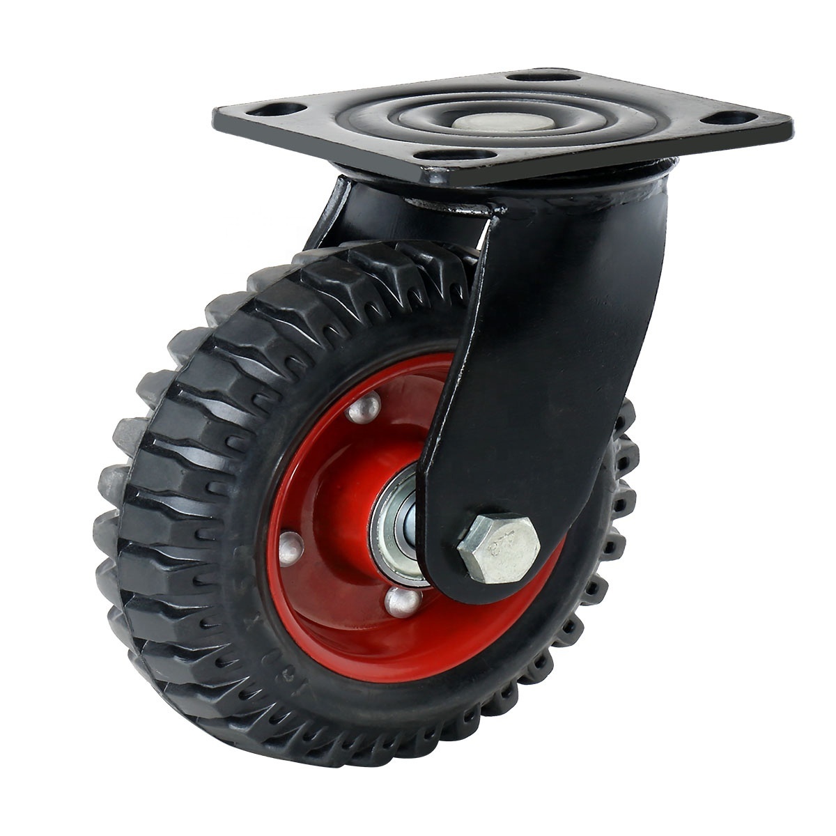 8 inch All-Terrain Caster Wheel Swivel type solid molded rubber wheel with knobby tread red rimmed steel castor wheel