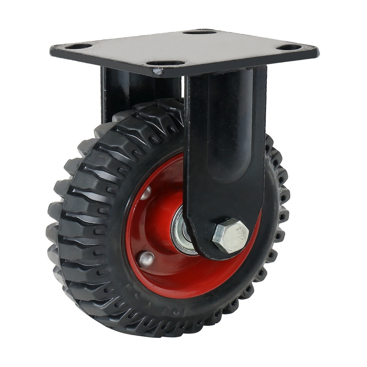 8 inch All-Terrain Caster Wheel Swivel type solid molded rubber wheel with knobby tread red rimmed steel castor wheel