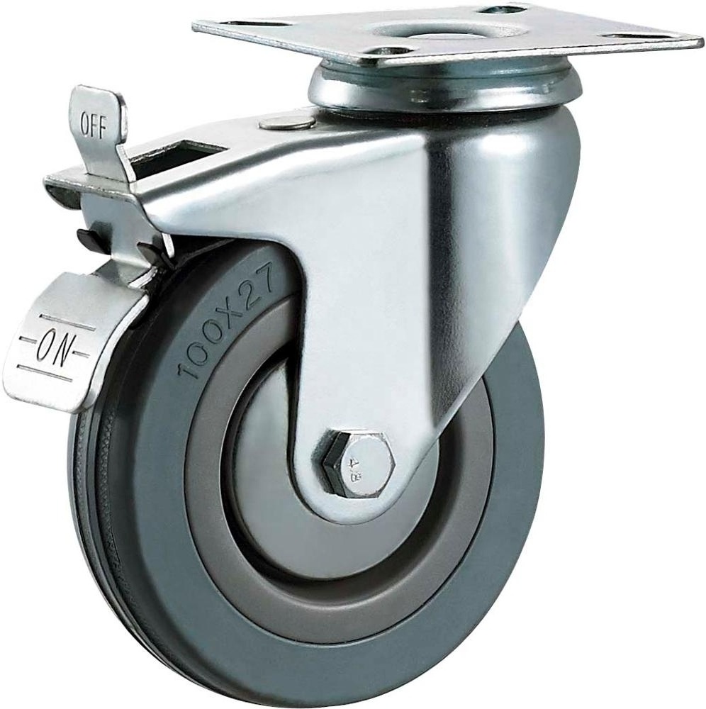 4 Inch Industrial Wheel Parts Rubber PVC Swivel Cart Wheels Grey Tread-on-core Wheels Flat Free Zinc Plated 0.63kgs 15/16in 27mm