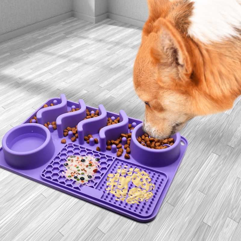 Patented FREE SAMPLE All-in-one non-slip food water slow pet feeder dog bowl pet Lick Mat food grade silicone dog food bowl