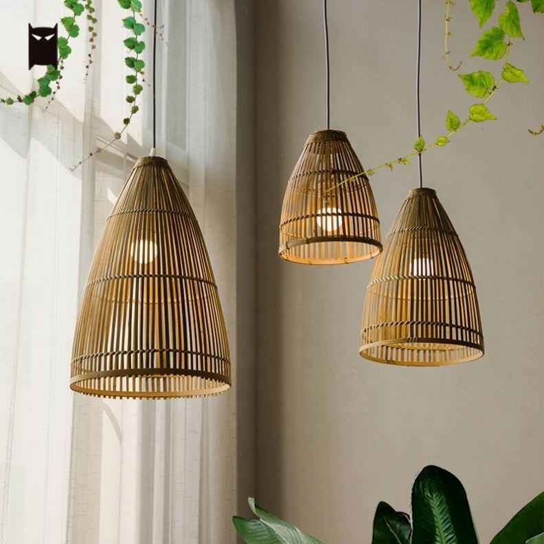 Lighting Fixture Country Vintage Southeast Asian Hanging Ceiling Lamp Farmhouse Room Craft Bamboo Wicker Braided Basket Pendant