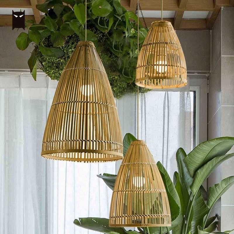 Lighting Fixture Country Vintage Southeast Asian Hanging Ceiling Lamp Farmhouse Room Craft Bamboo Wicker Braided Basket Pendant