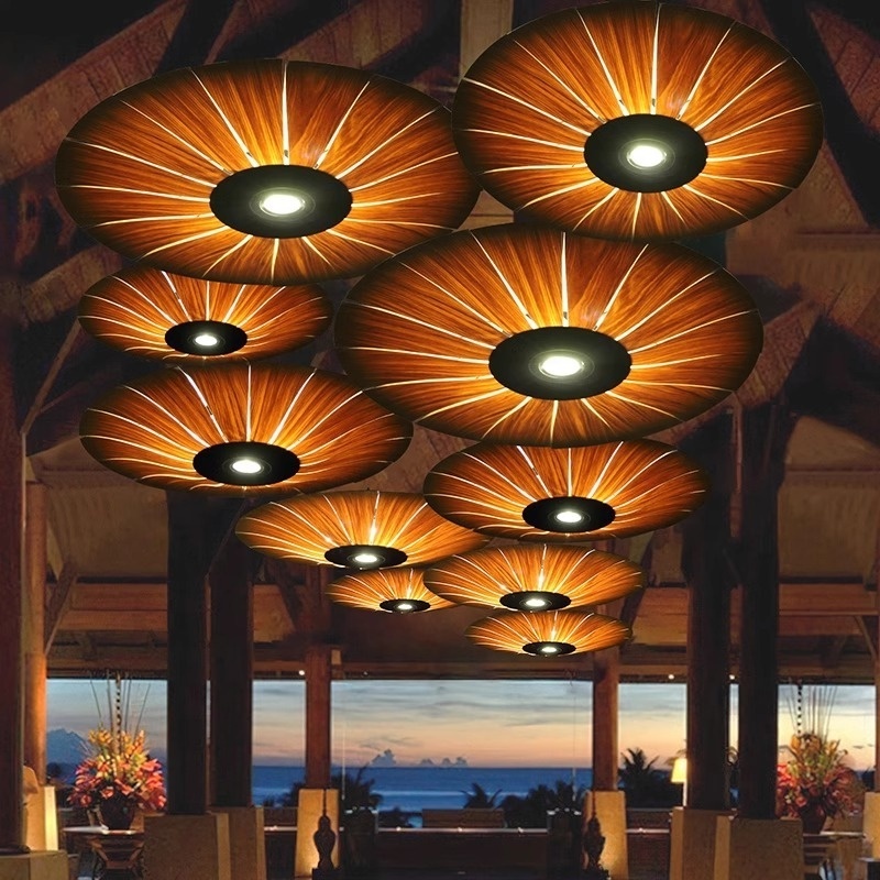 Hot selling wooden hanging lamps wood veneer chandelier retro hotel teahouse restaurant lights hot pot wood lamps