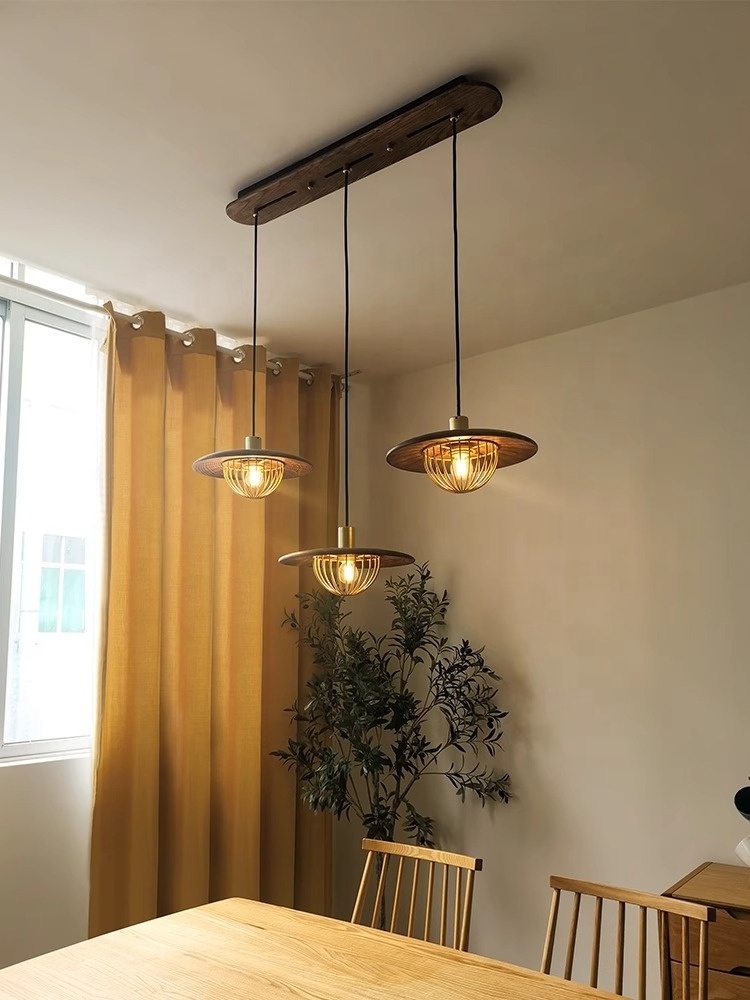 Nordic Black walnut wood color hanging light luxury small living room dining room Simple lighting gold Japanese style chandelier