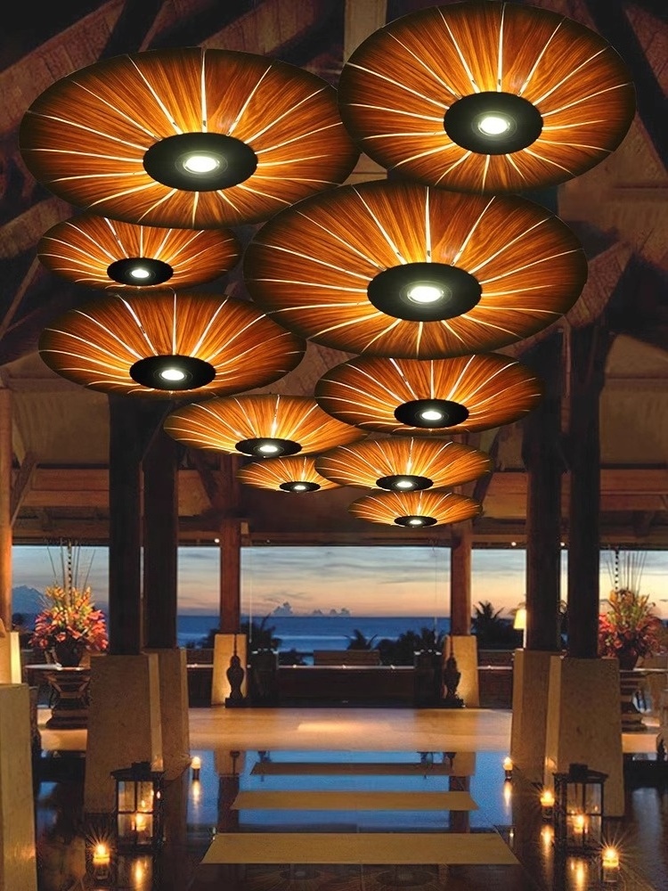 Hot selling wooden hanging lamps wood veneer chandelier retro hotel teahouse restaurant lights hot pot wood lamps