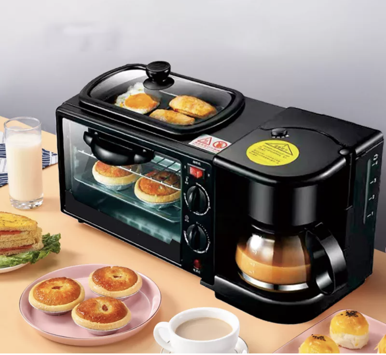 2024 Hot Sale  Agreat New Design Multifunction 3 In 1 Breakfast Set Toaster Coffee Maker Frying Breakfast Maker