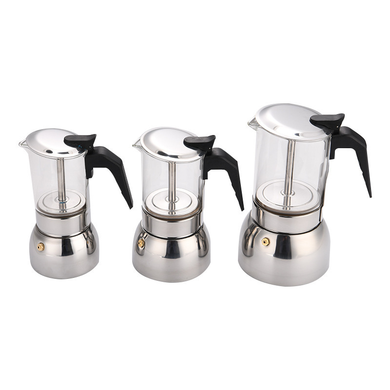 200/300/450 Ml 4/6/9 Cup Glass Espresso Custom Logo Stainless Steel Coffee Maker Moka Pot