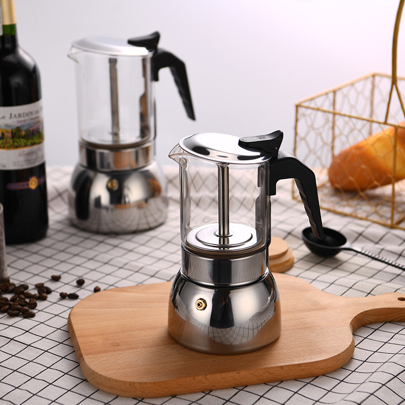 200/300/450 Ml 4/6/9 Cup Glass Espresso Custom Logo Stainless Steel Coffee Maker Moka Pot