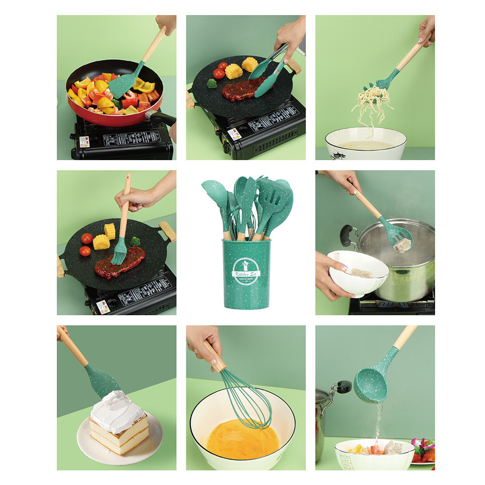 Wholesale Cooking Shovel Spoon Soup 12 Pcs Cookware Set Wooden Handle Silicone Kitchen Utensils