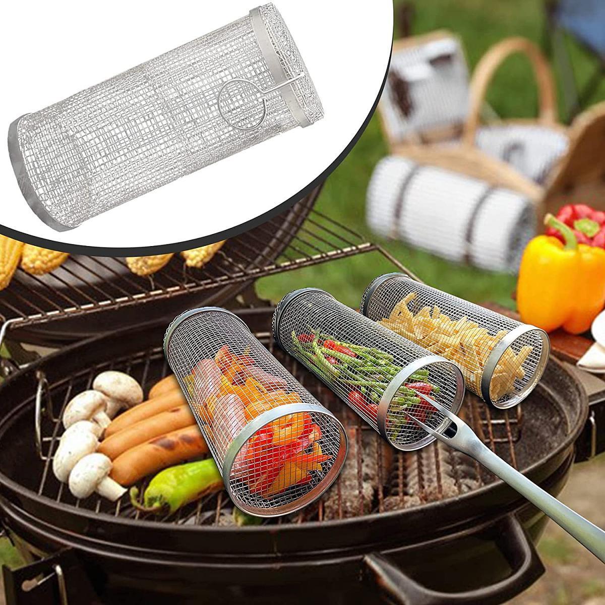 Handle Barbecue Long Mesh Portable 304 Stainless Steel Outdoor Bbq Net Rolling Grilling Basket