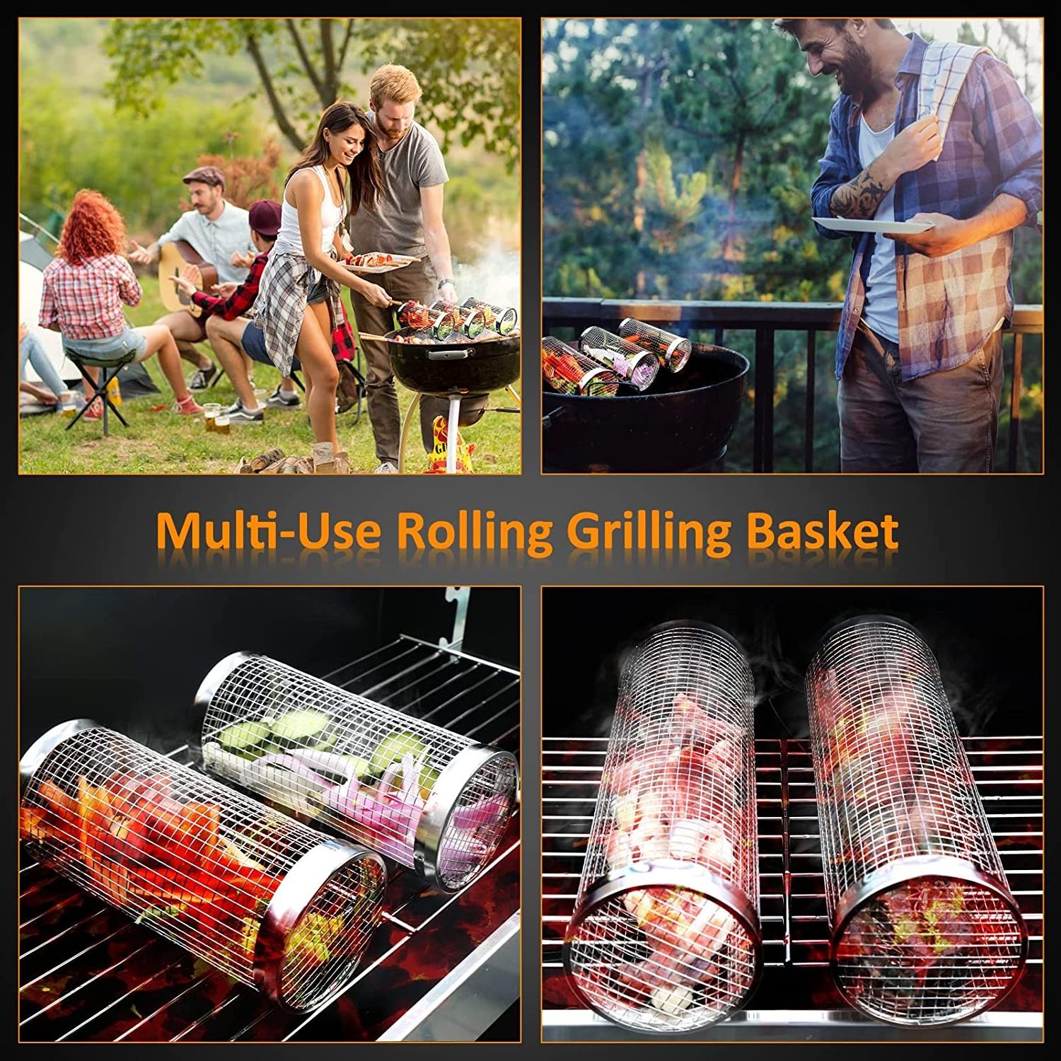 Handle Barbecue Long Mesh Portable 304 Stainless Steel Outdoor Bbq Net Rolling Grilling Basket