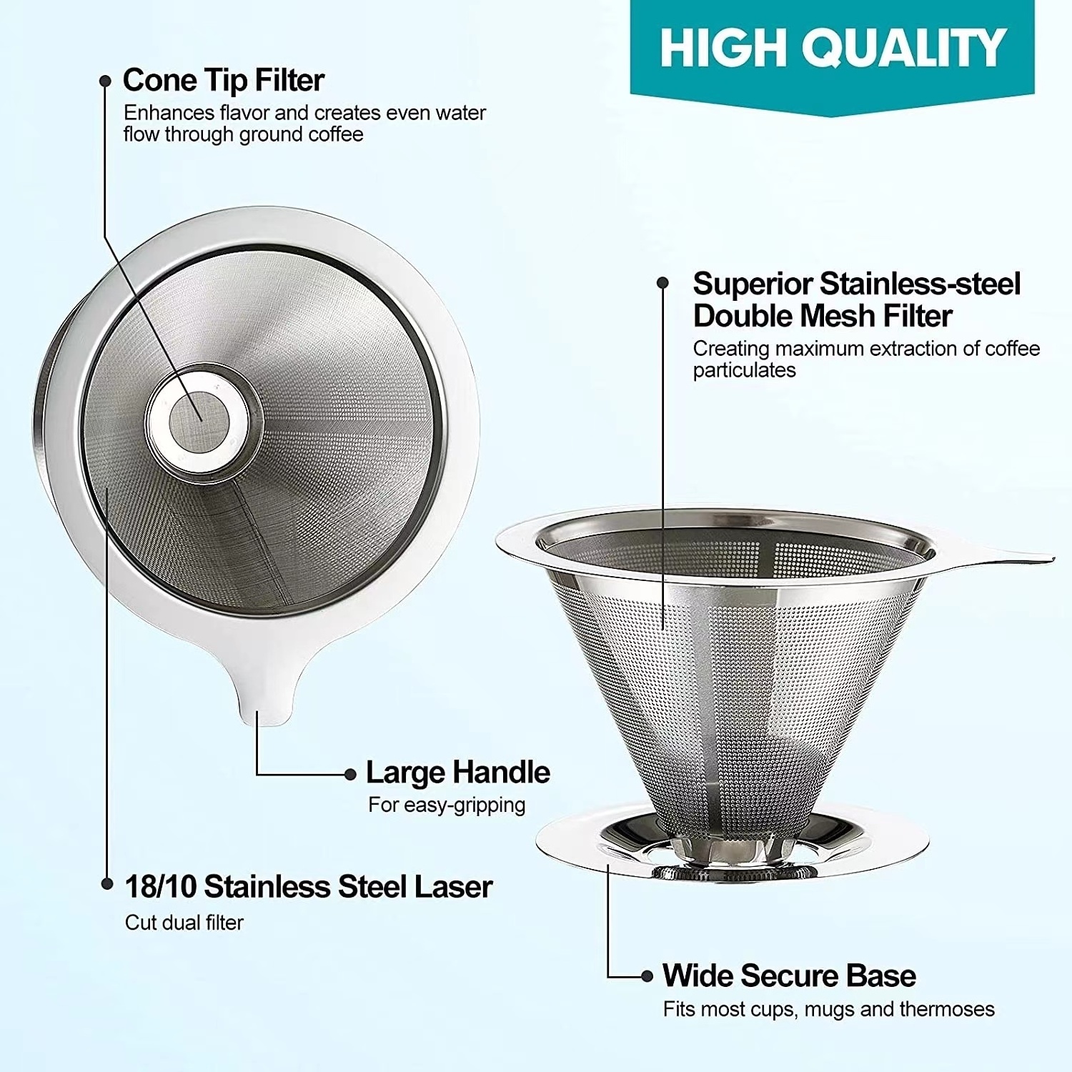 Portable Tea Infuser Stand Reusable Coffee Filter Pour Over Stainless Steel Cone Filter Coffee Dripper