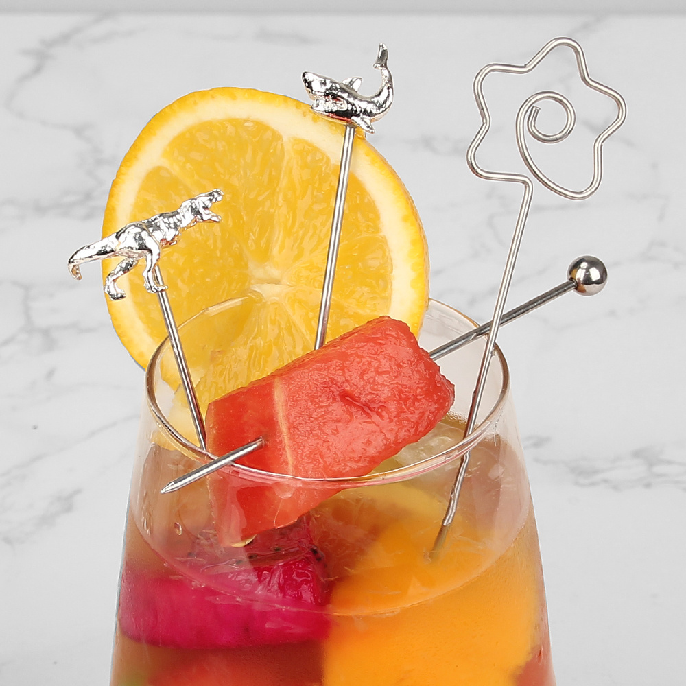 Silver Cocktail Picks Stainless Steel Fruit Stick Bar Tool Reusable Metal Cocktail Skewers Fruits Toothpicks