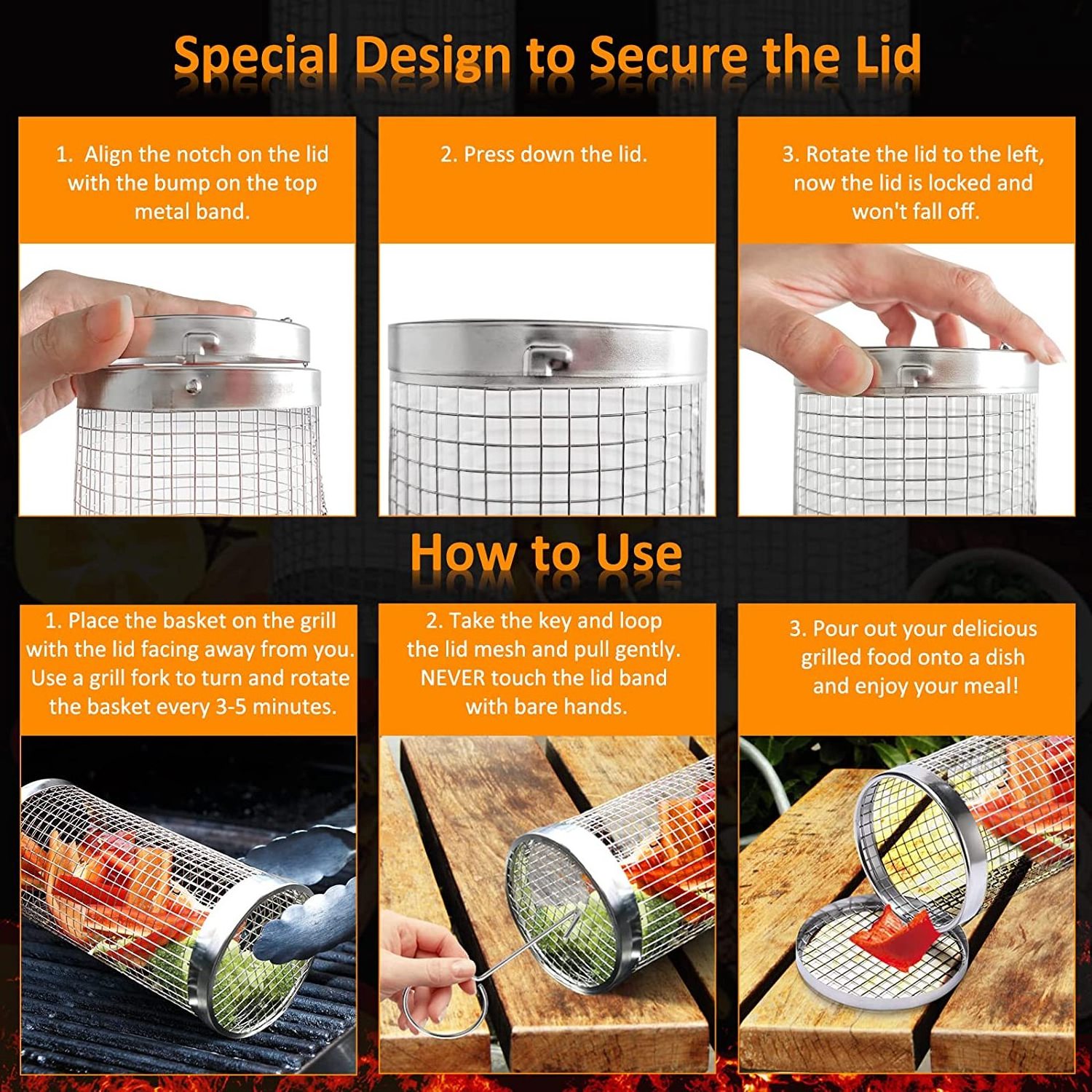 Handle Barbecue Long Mesh Portable 304 Stainless Steel Outdoor Bbq Net Rolling Grilling Basket