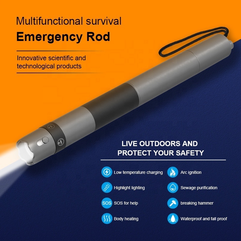 Multi-tool emergency stick with camping and hiking water filters substitute for complete survival kit