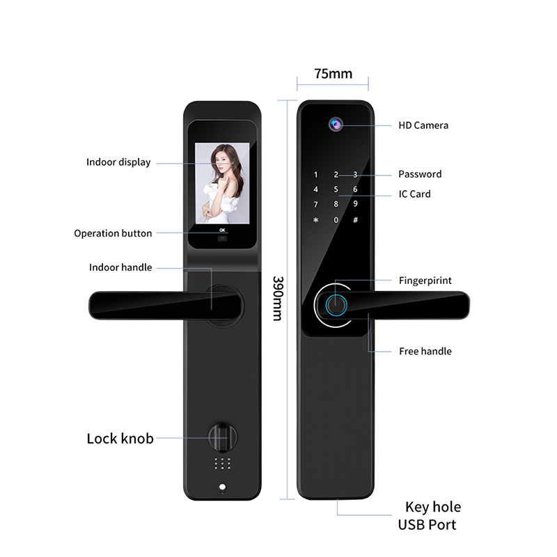 Taichen new T2508 Tuya Smart lock with cat's eye screen fingerprint password card key door opening electronic door lock