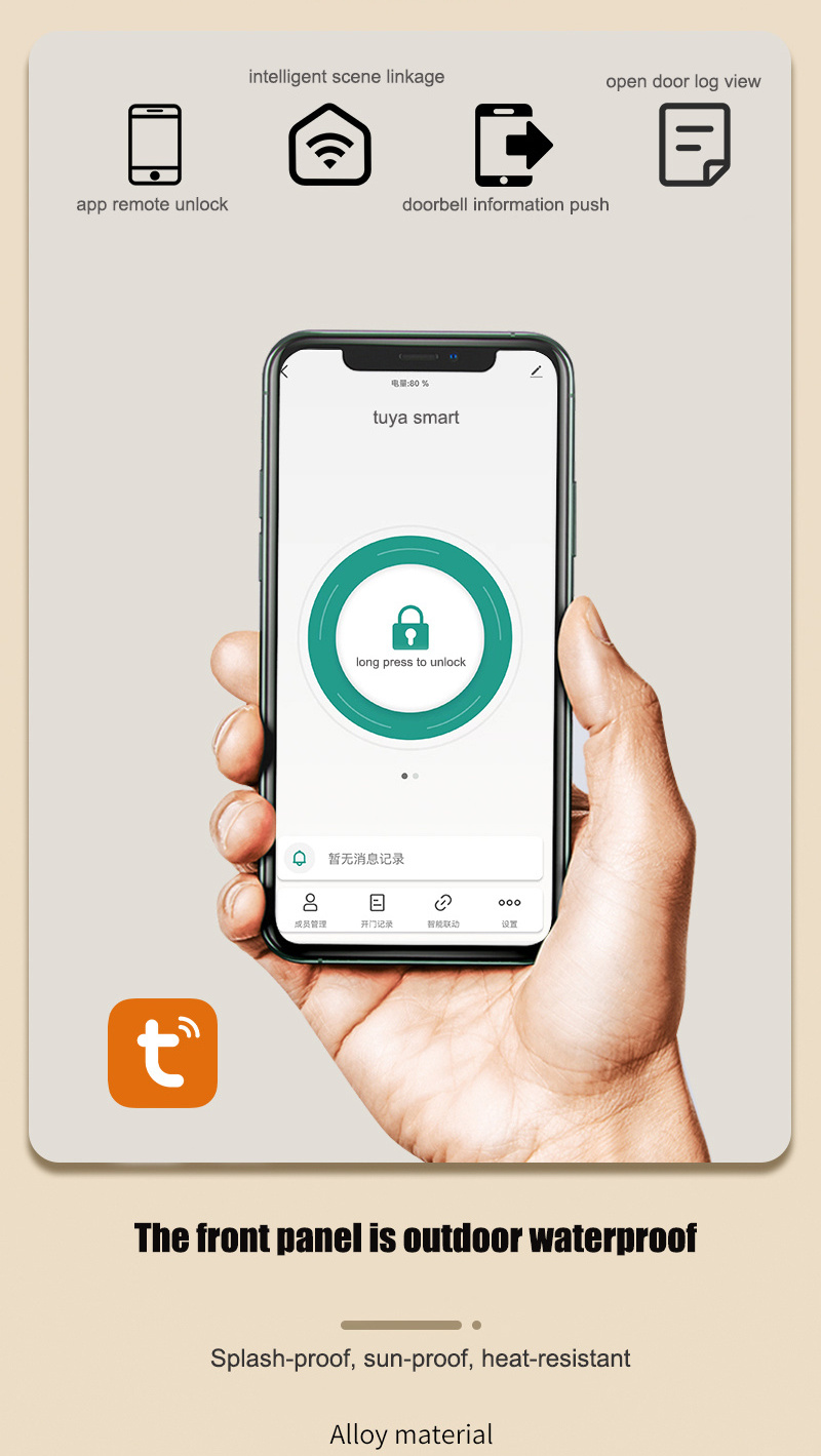 Taichen Waterproof IP65 TTlock aluminum lock alloy electric lock with fingerprint password card key and camera smart door lock