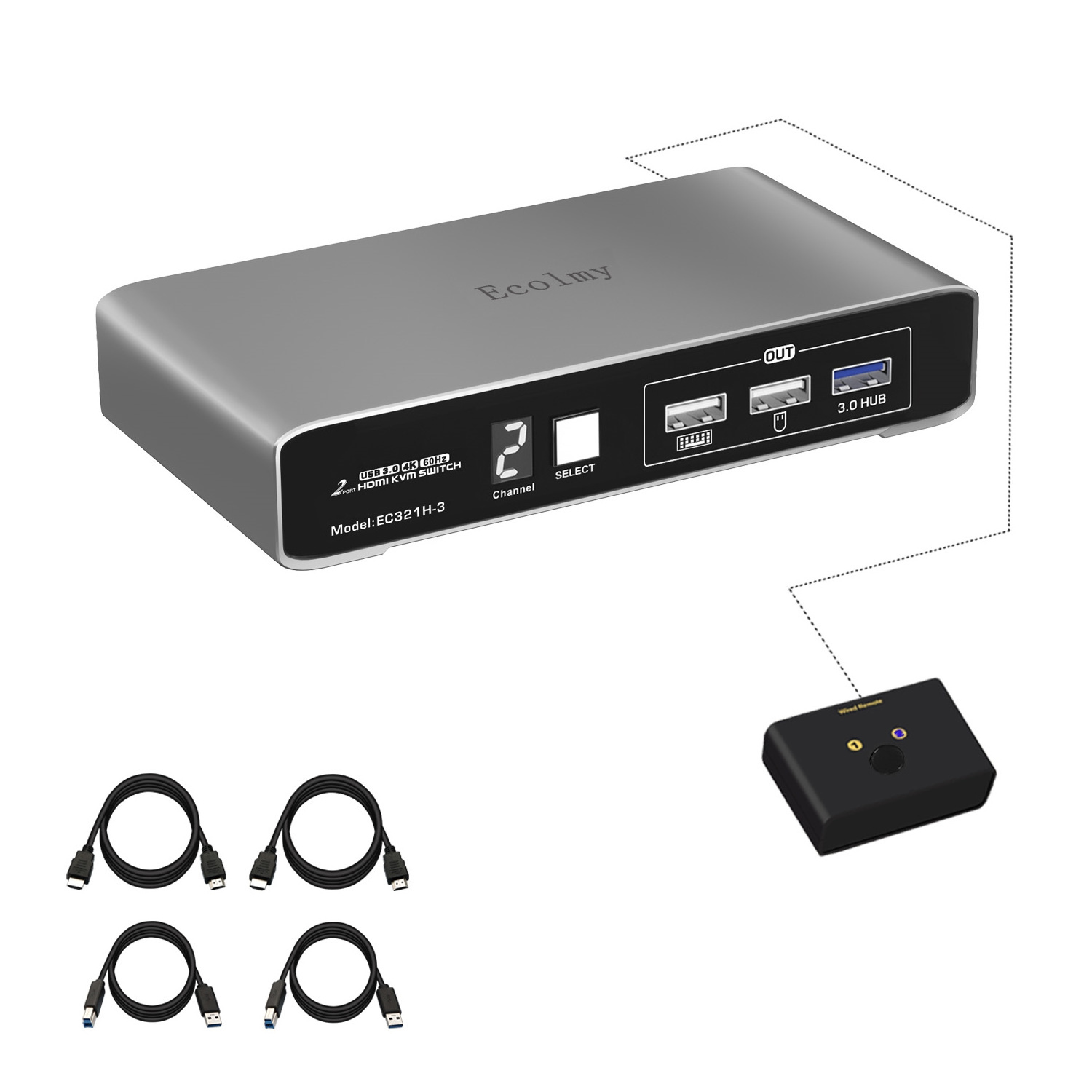 Customized 2Port DP HDMI KVM Switch EC321H-3 USB3.0 DP1.2 HDMI2.0 KVM Switch 4K 60Hz Wired Remote Switch