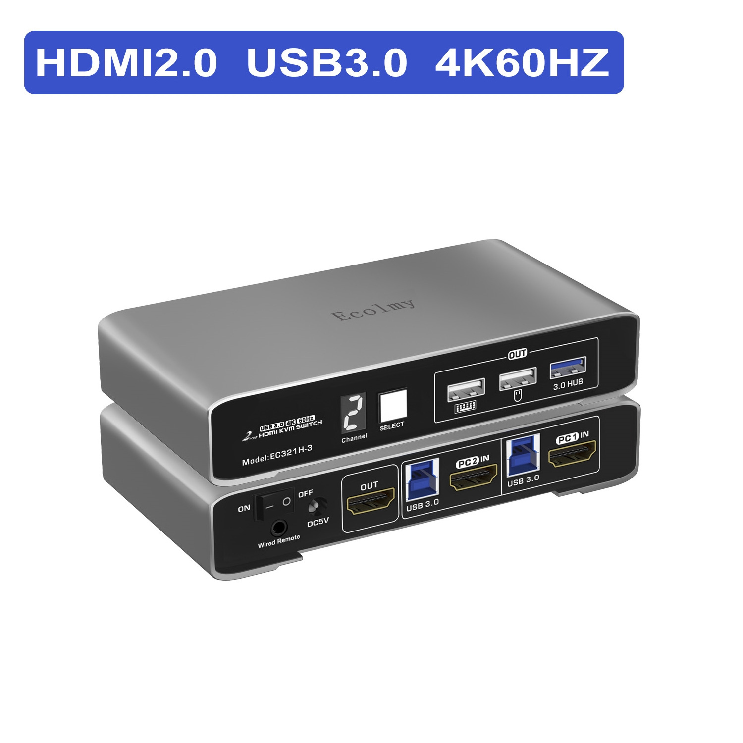 Customized 2Port DP HDMI KVM Switch EC321H-3 USB3.0 DP1.2 HDMI2.0 KVM Switch 4K 60Hz Wired Remote Switch