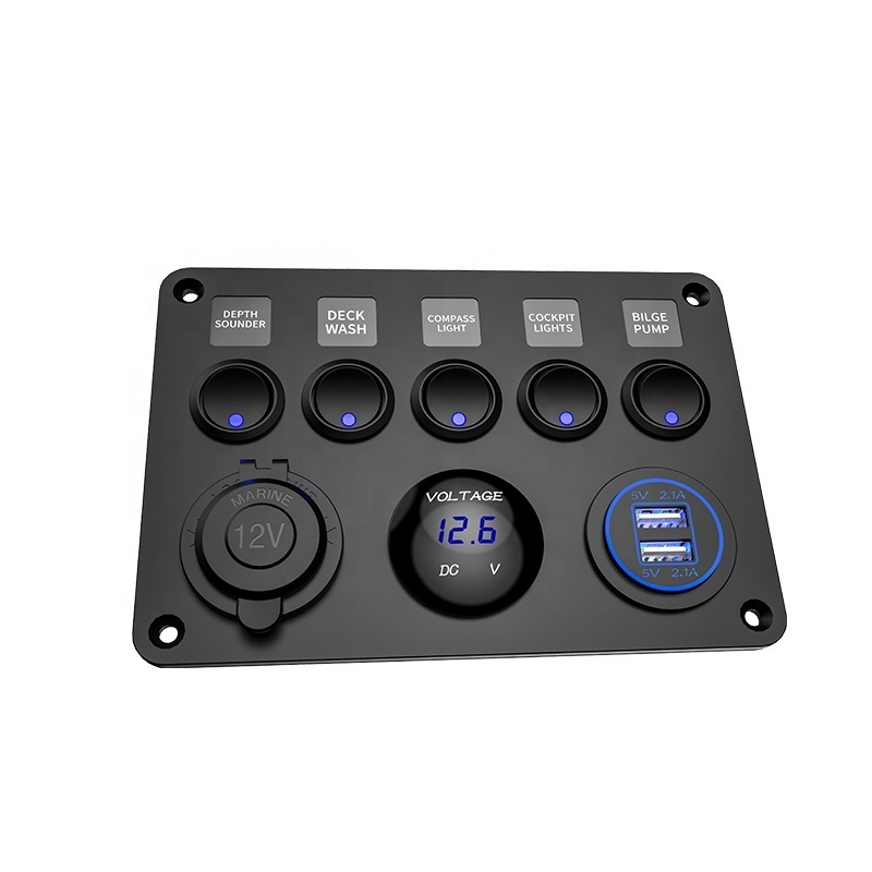 Dual USB Socket Charger 2.1A&2.1A + LED Voltmeter + 12V Power Outlet + 5 Gang ON-OFF Toggle switch panel