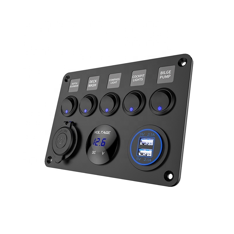 Dual USB Socket Charger 2.1A&2.1A + LED Voltmeter + 12V Power Outlet + 5 Gang ON-OFF Toggle switch panel