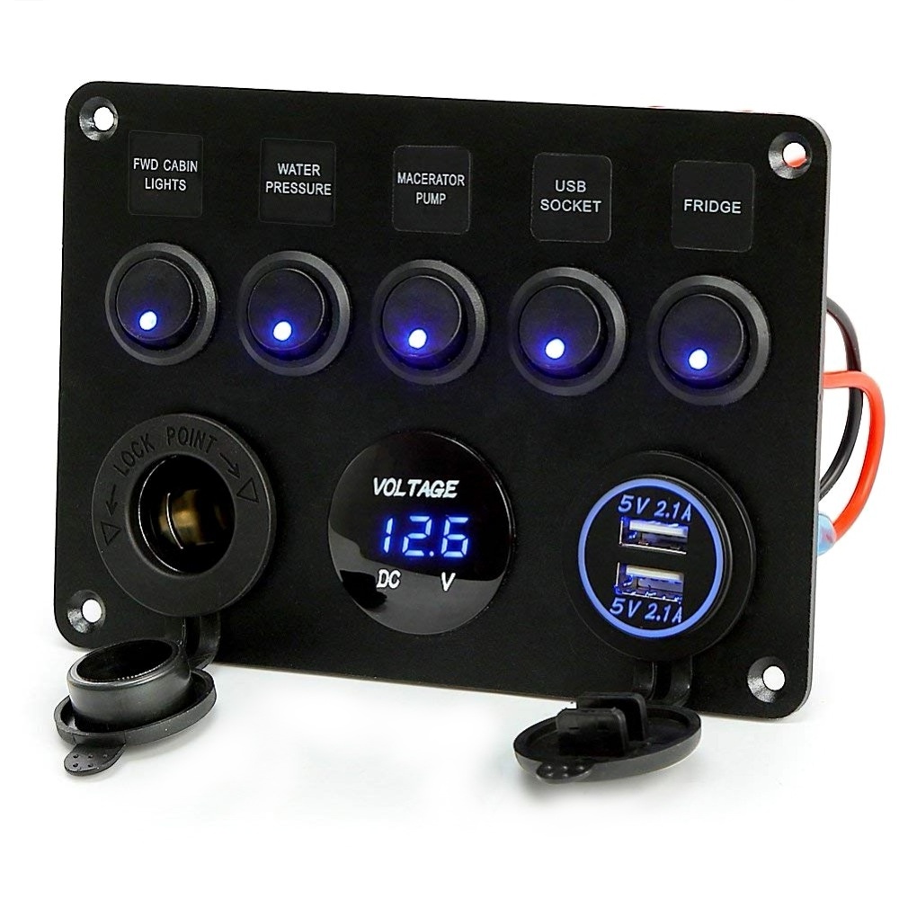 Dual USB Socket Charger 2.1A&2.1A + LED Voltmeter + 12V Power Outlet + 5 Gang ON-OFF Toggle switch panel