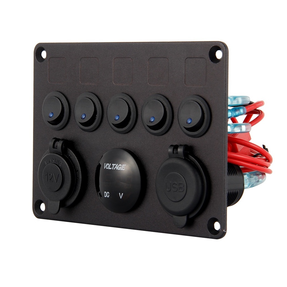 Dual USB Socket Charger 2.1A&2.1A + LED Voltmeter + 12V Power Outlet + 5 Gang ON-OFF Toggle switch panel