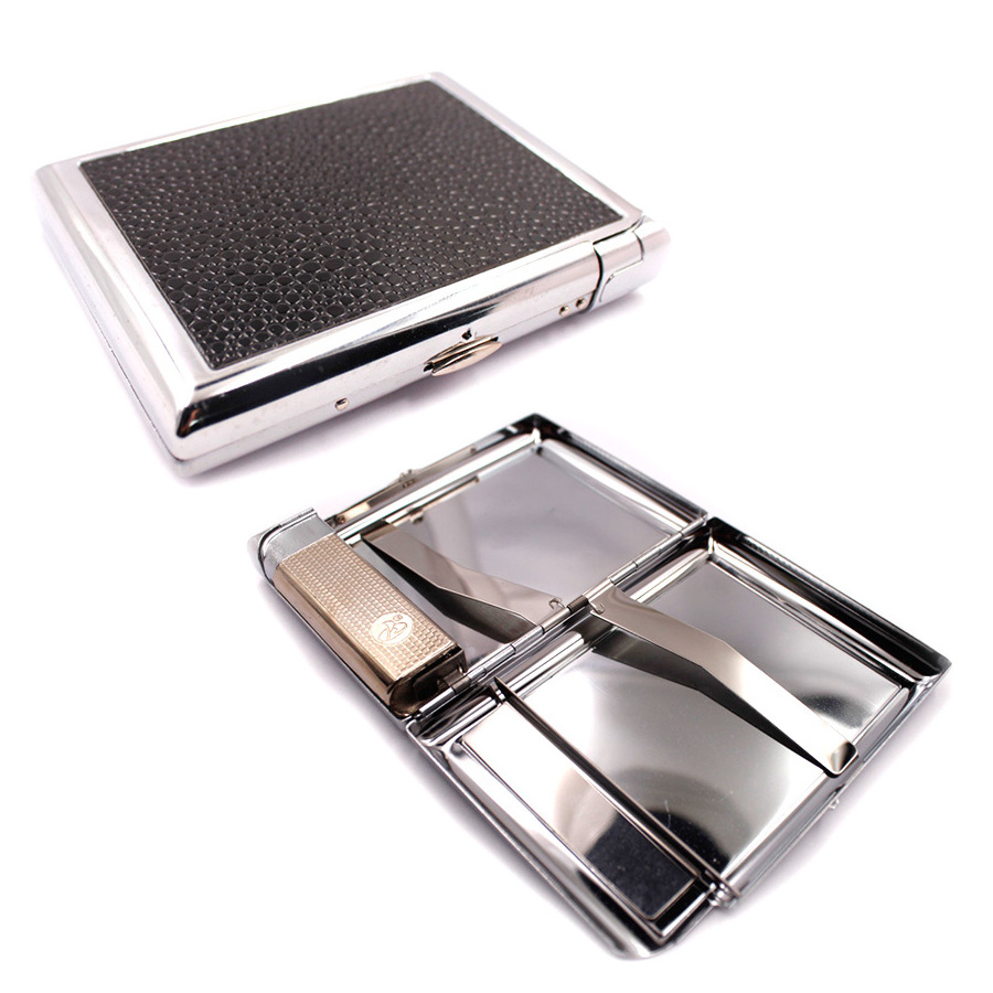 Leather Metal Pocket Cigarette Smoke Tobacco Case Box Wind Proof Lighter