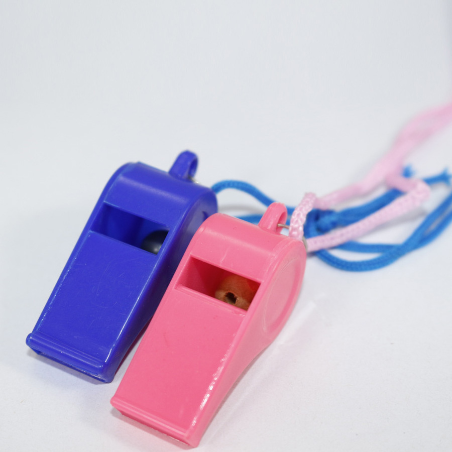 Small plastic toy colorful referee sport whistle in bulk with lanyard necklace