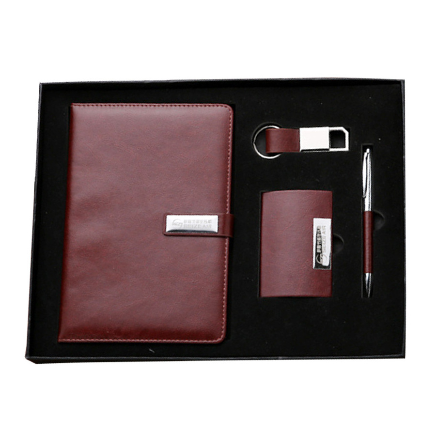 Luxury Pu Keychain Business Card Holder Executive Notebook and Ball Roller Pen Gift Set