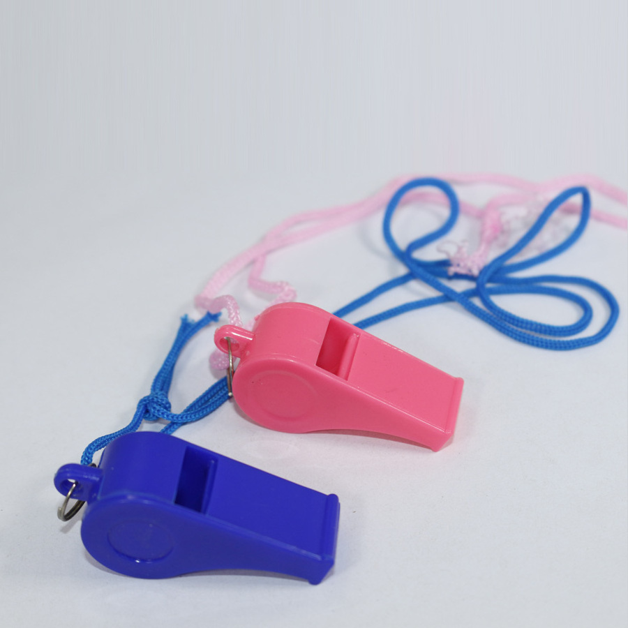 Small plastic toy colorful referee sport whistle in bulk with lanyard necklace