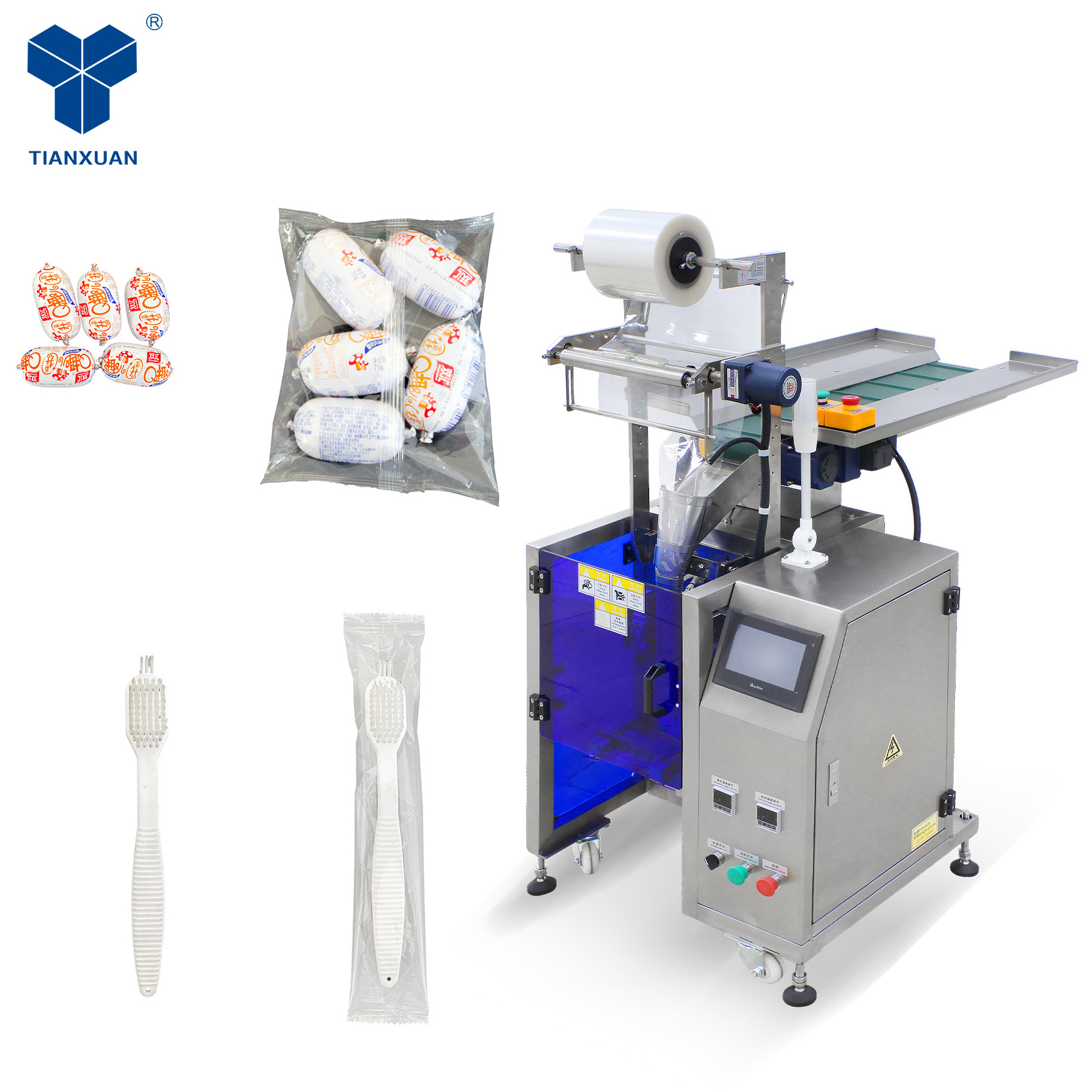 Semi-automatic stand up pouch hardware toy cutlery packing machine and automatic counting conveyor packing machine