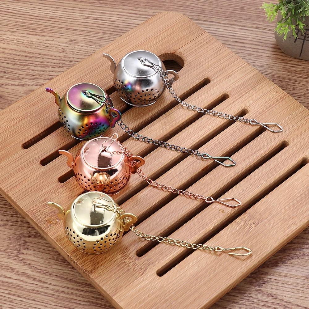 High Quality  Teapot Shape Loose Tea Infuser Stainless Steel Leaf Tea Maker Strainer Rainbow Gold Silver Herbal Spice Filter