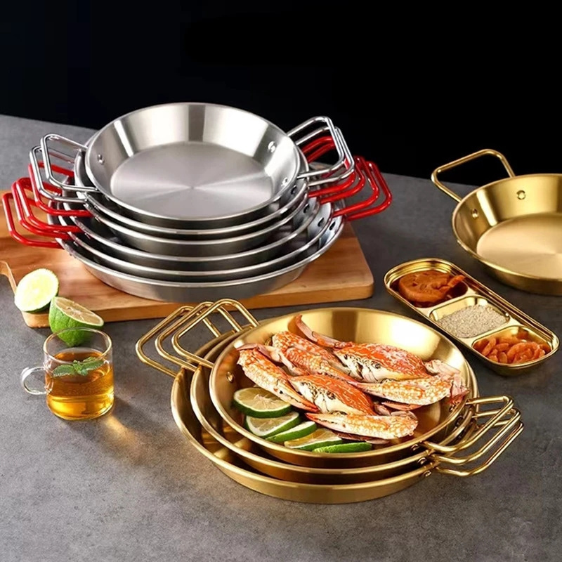 Korean Style Gold Spanish Paella Pan Silver Stainless Steel Paella Frying Cooking Pan For Homes or Restaurants Premium