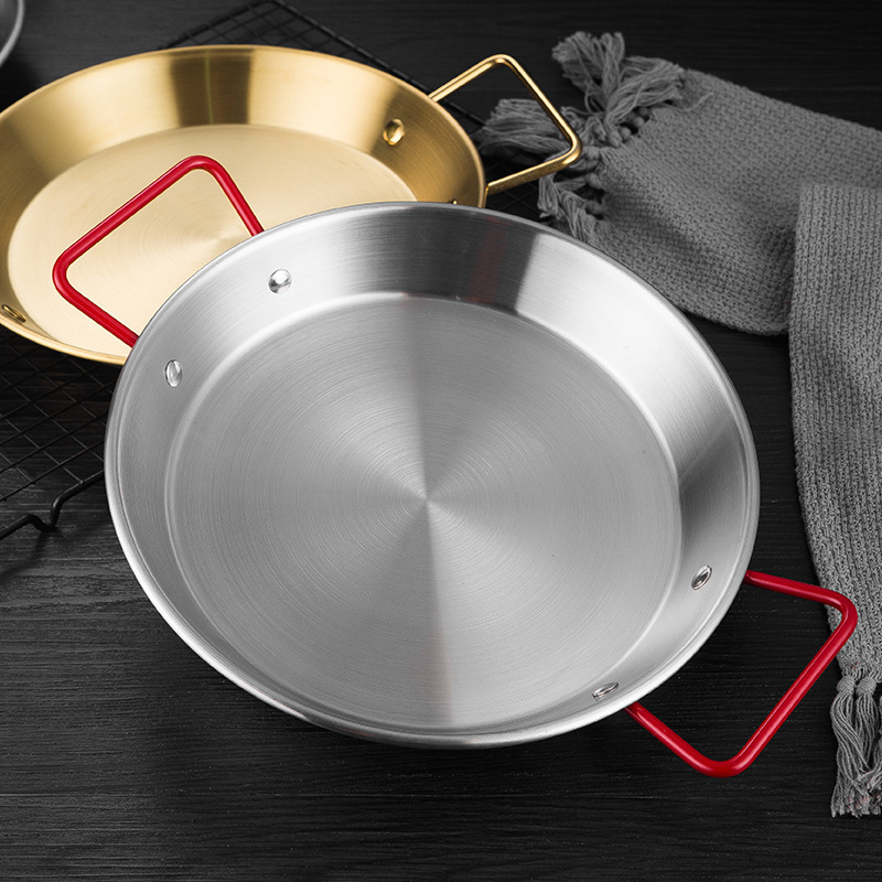 Korean Style Gold Spanish Paella Pan Silver Stainless Steel Paella Frying Cooking Pan For Homes or Restaurants Premium