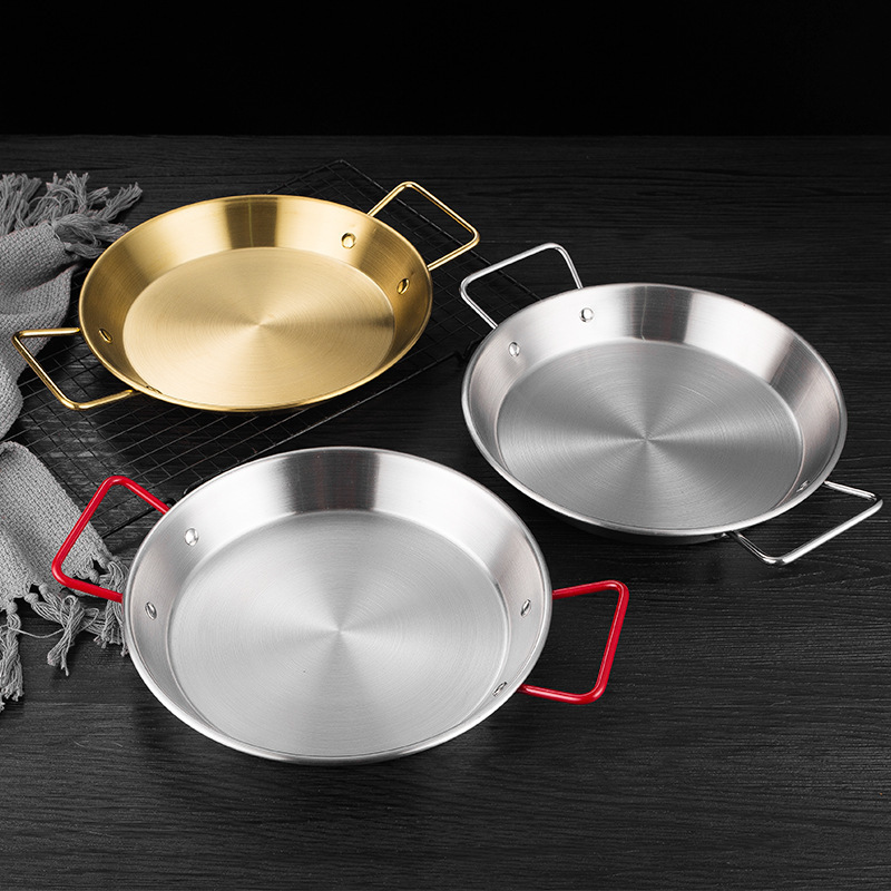 Korean Style Gold Spanish Paella Pan Silver Stainless Steel Paella Frying Cooking Pan For Homes or Restaurants Premium