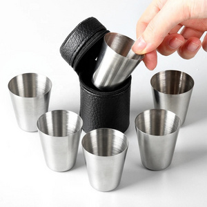 4 Pcs/Set Polished 30ml Mini Stainless Steel Shot Glass Cup Drinking Wine Glasses With Leather Cover Bag For Home Kitchen Bar